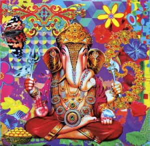 2Flower Ganesh, collage on canvas 20x20